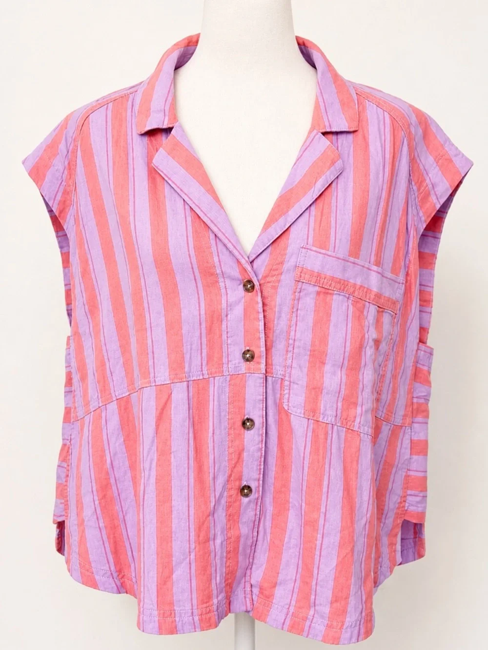 Free People Play It Cool Striped Linen Shirt Sorbet Combo Small NWT - Picture 2 of 8